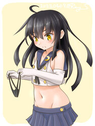  ahoge black_hair black_neckerchief black_panties blue_sailor_collar blue_skirt commentary_request cosplay crescent crescent_pin crop_top dress elbow_gloves female gloves groin highleg highleg_panties holding holding_clothes holding_panties holding_underwear kantai_collection long_hair microskirt mikazuki_(kancolle) neckerchief one-hour_drawing_challenge panties pleated_dress ray.s sailor_collar shimakaze_(kancolle) shimakaze_(kancolle)_(cosplay) skirt solo underwear unworn_panties white_gloves yellow_eyes 