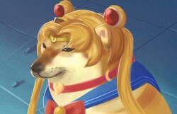  absurdres bishoujo_senshi_sailor_moon bishoujo_senshi_sailor_moon_s blonde_hair canine cheemsburger_(doge) commentary cosplay crescent derivative_work diadem doge double_bun english_commentary hair_bun highres meme miruyuyo no_humans sailor_moon sailor_moon_(cosplay) sailor_moon_redraw_challenge_(meme) sailor_senshi_uniform screenshot_redraw solo twintails upper_body 