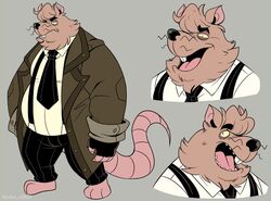  2021 anthro belly big_belly biped black_nose bottomwear clothing humanoid_hands john_vithor male mammal multiple_poses murid murine necktie overweight overweight_male pants pose rat rodent shirt simple_background solo suspenders topwear 