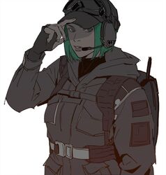  backpack bag baseball_cap black_gloves ear_protection ela_(rainbow_six_siege) female fingerless_gloves gloves goggles goggles_on_headwear green_hair hand_on_headwear hat headset hood hood_down jacket jacket_on_shoulders long_sleeves looking_at_viewer military military_uniform protected_link qwe1007 rainbow_six_siege shade short_hair simple_background solo uniform white_background 