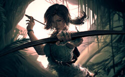  arrow_(projectile) bandaged_arm bandaged_hand bandages bare_shoulders bow_(weapon) brown_eyes brown_hair cave commentary dirty dirty_face english_commentary female hair_lift highres holding holding_arrow holding_bow_(weapon) holding_weapon hue_vang jungle lara_croft leaf light looking_at_viewer nature outdoors parted_lips quiver solo tank_top tomb_raider tomb_raider_(reboot) torn_clothes weapon 