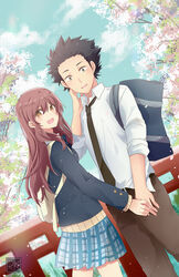  1boy :d bag belt black_hair black_jacket black_necktie blue_skirt blue_sky bridge brown_hair brown_pants cherry_blossoms cloud commentary couple day dutch_angle female green_eyes hair_between_eyes head_tilt highres holding holding_bag ishida_shouya jacket k-rumi koe_no_katachi long_hair looking_at_viewer miniskirt necktie nishimiya_shouko open_mouth outdoors pants photoshop_(medium) pleated_skirt school_bag school_uniform shirt skirt sky smile spiked_hair standing straight white_shirt 