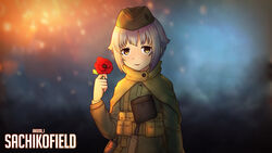  :3 absurdres battlefield_(series) battlefield_1 brown_eyes canteen capelet commentary_request female hat highres idolmaster idolmaster_cinderella_girls jacy knife koshimizu_sachiko light_purple_hair military military_hat military_uniform photoshop_(medium) pouch smile solo twitter_username uniform upper_body world_war_i 