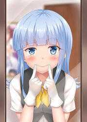  blue_eyes blue_hair blurry commentary_request depth_of_field dress_shirt female gloves grey_vest hatsukaze_(kancolle) index_fingers_raised kantai_collection looking_at_mirror looking_at_viewer mirror neckerchief piyobomu reflection shirt smile solo upper_body vest white_gloves white_hair white_shirt yellow_neckerchief yukikaze_(kancolle) 