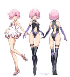  ass asymmetrical_gloves black_gloves black_thighhighs breasts butt_crack cleavage clothing_cutout dress dress_swimsuit elbow_gloves fate/grand_order fate_(series) female fold-over_boots gloves groin hair_over_one_eye highleg highleg_leotard leotard mash_kyrielight mash_kyrielight_(swimsuit_of_perpetual_summer) medium_breasts mismatched_gloves moupii_(hitsuji_no_ki) multiple_views navel_cutout official_alternate_costume pink_hair purple_gloves simple_background striped swimsuit thigh_strap thighhighs vertical_stripes white_background white_dress 