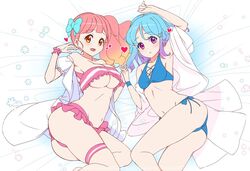  2girls aikatsu!_(series) aikatsu_friends! armpits ass bikini blue_bikini blue_hair braid breasts cleavage commentary gradient_hair holding_hands large_breasts long_hair looking_at_viewer lying minato_mio multicolored_hair multiple_girls navel on_side orange_eyes orange_hair pink_bikini pink_hair purple_eyes purple_hair rumo side_ponytail small_breasts swimsuit symbol-only_commentary underboob yuki_aine 