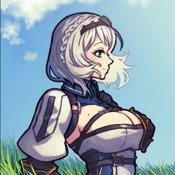  akairiot blue_sky breasts chest_belt cleavage day female framed_breasts from_side green_eyes grey_hair highres hololive large_breasts mole mole_on_breast muneate outdoors puffy_short_sleeves puffy_sleeves shirogane_noel shirogane_noel_(1st_costume) short_hair short_sleeves shrug_(clothing) sky smile solo tiara upper_body virtual_youtuber wavy_hair wind 