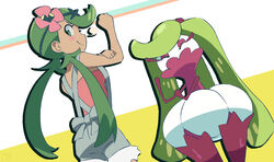  back blush_stickers closed_mouth commentary_request dark-skinned_female dark_skin female flexing flower gouda_takeshi_(dogezakaiden) green_eyes green_hair green_headband grey_overalls headband long_hair looking_back mallow_(pokemon) overall_shorts overalls pink_flower pink_shirt pokemon pokemon_(anime) pokemon_(creature) pokemon_sm_(anime) pose shirt smile tsareena twintails 