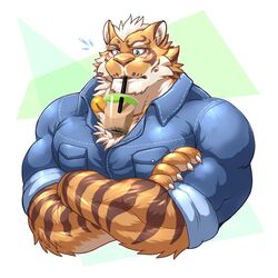  1:1 2019 anthro between_pecs beverage biceps blue_clothing blue_shirt blue_topwear blush bubble_tea claws clothing collared_shirt crossed_arms deltoids felid finger_claws forearm_muscles fur green_eyes hair hands-free_bubble_tea hi_res holding_beverage holding_object jewelry lin_hu male mammal meme muscular muscular_anthro muscular_male necklace nekojishi pantherine pecs rolled_up_sleeves shirt shirt_pocket solo straw_in_mouth striped_body striped_fur stripes studio_klondike tiger titandraugen topwear white_body white_fur white_hair 