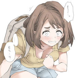  accidental_pervert backpack bag bent_over boku_no_hero_academia breasts brown_hair casual cleavage covering_breasts covering_privates denim denim_shorts downblouse elf_(stroll_in_the_woods) embarrassed female light_blush looking_at_viewer medium_breasts open_mouth shirt short_eyebrows short_hair shorts simple_background solo teeth thick_eyebrows translated uraraka_ochako white_background yellow_shirt 