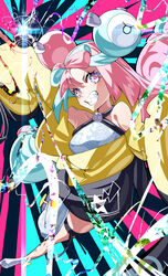  absurdres azarashi_(azrsot) bellibolt blue_hair bow-shaped_hair breasts character_hair_ornament female full_body grey_pantyhose hair_ornament hair_ribbon hexagon_print highres iono_(pokemon) jacket large_breasts long_hair looking_at_viewer low-tied_long_hair multicolored_hair oversized_clothes pantyhose pink_eyes pink_hair pokemon pokemon_sv ribbon sharp_teeth single_leg_pantyhose sleeves_past_fingers sleeves_past_wrists smile solo split-color_hair star_(symbol) star_in_eye symbol_in_eye teeth thigh_strap two-tone_hair very_long_sleeves x yellow_jacket 