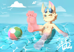  4_toes accessory anthro ball barefoot beach_ball blush bow_ribbon breasts deathsnow featureless_breasts featureless_crotch feet female foot_fetish foot_focus foreshortening glistening glistening_feet hair_accessory hair_ribbon hairbow heart_eyes heart_symbol hindpaw humanoid_feet inflatable lagomorph leporid looking_at_viewer mammal nude one_eye_closed outside paws pink_feet plantigrade rabbit raised_foot ribbons sea seascape skinny_dipping sky smile smiling_at_viewer soles solo swimming toes water wink winking_at_viewer 