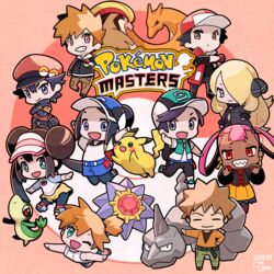  4boys 6+girls :d ;d bare_arms baseball_cap belt bettie_(pokemon) black_coat black_hair black_jacket black_socks blonde_hair blue_oak blue_shorts blunt_bangs brock_(pokemon) brown_eyes brown_hair brown_pants charizard chibi closed_mouth coat commentary_request coogee copyright_name crossed_arms cynthia_(pokemon) dark-skinned_female dark_skin earrings eyelashes fur-trimmed_coat fur_trim green_eyes green_pants grey_eyes hair_ornament hair_over_one_eye hair_rings hair_tie hands_up hat highres holding holding_poke_ball jacket jewelry kasumi_(pokemon) looking_at_viewer multiple_boys multiple_girls one_eye_closed onix open_clothes open_coat open_mouth orange_hair orange_skirt outstretched_arms pants pantyhose pidgeot pikachu pink_hair poke_ball poke_ball_(basic) pokemon pokemon_(creature) pokemon_bw2 pokemon_dppt pokemon_hgss pokemon_lgpe pokemon_masters_ex pokemon_ranger_(pokemon) punk_girl_(pokemon) red_(pokemon) red_(sygna_suit)_(pokemon) red_coat red_eyes red_headwear rosa_(pokemon) scottie_(pokemon) sharp_teeth shoes short_hair shorts skirt smile sneakers snivy socks spiked_hair starmie swept_bangs teeth tied_hair yellow_shorts 