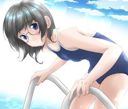  black_hair blue_eyes blue_one-piece_swimsuit blue_sky cloud commentary_request competition_school_swimsuit cowboy_shot female glasses looking_at_viewer one-piece_swimsuit original pool_ladder school_swimsuit shigyomusume short_hair sky solo swimsuit 