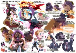  4boys absurdres aegislash arrow_(symbol) baseball_cap black_hair black_hoodie blonde_hair blue_eyes blush business_suit buttons cape capri_pants champion_uniform charizard clenched_hand collared_shirt commentary_request corviknight crying dark-skinned_male dark_skin dragapult facial_hair fire flygon formal fur-trimmed_cape fur_trim gigantamax gigantamax_charizard grey_jacket grey_vest hat highres holding holding_cape holding_clothes holding_poke_ball hood hoodie jacket john_(pokemon) korean_commentary korean_text leon_(pokemon) long_hair long_sleeves male_focus multiple_boys necktie orange_headwear pants poke_ball poke_ball_(basic) pokemon pokemon:_twilight_wings pokemon_(creature) pokemon_swsh purple_hair raihan_(pokemon) red_cape red_necktie redlhzz rose_(pokemon) rotom rotom_phone shirt shoes short_shorts short_sleeves shorts suit tears translation_request undercut unworn_shoes vest white_legwear white_shirt white_shorts yellow_eyes 