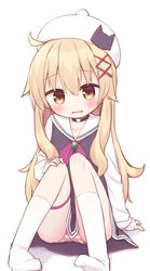  ayanepuna beret black_choker black_dress blonde_hair blush brown_eyes choker collarbone commentary_request dress feet_out_of_frame female hair_between_eyes hair_ornament hand_on_own_knee hat heart highres knees_together_feet_apart knees_up little_witch_nobeta long_sleeves looking_at_viewer no_shoes nobeta panties parted_lips puffy_long_sleeves puffy_sleeves sailor_collar sailor_dress shadow simple_background sitting socks solo spoken_blush striped_clothes striped_panties underwear wavy_mouth white_background white_hat white_sailor_collar white_socks x_hair_ornament 