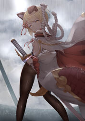  animal_ears blonde_hair breasts closed_mouth erune female from_behind granblue_fantasy highres holding holding_sword holding_weapon katana kimblee long_sleeves looking_at_viewer looking_back pantyhose rain short_hair small_breasts solo standing sword vajra_(granblue_fantasy) weapon wide_sleeves yellow_eyes 