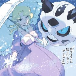  blonde_hair blue_eyes braid breasts choker cleavage cleavage_cutout clothing_cutout collar collarbone dress eyelashes female glacia_(pokemon) glalie gloves low-cut makeup neckwear_request nibo_(att_130) parasol parted_lips pokemon pokemon_(creature) pokemon_oras puffy_short_sleeves puffy_sleeves purple_dress quad_tails short_hair short_sleeves sleeves_past_elbows snow teeth umbrella white_choker white_collar white_gloves 