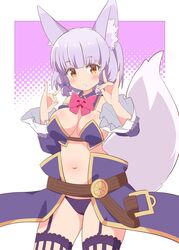  animal_ear_fluff animal_ears blush bow breasts cleavage commentary_request cosplay cowboy_shot crisis_management_form_(machimazo) detached_collar detached_sleeves double_fox_shadow_puppet female fox_ears fox_girl fox_shadow_puppet fox_tail frilled_sleeves frills garter_belt grey_hair hands_up highres large_breasts long_hair looking_at_viewer machikado_mazoku navel panties parted_lips pink_bow pon_sugar purple_background purple_hair purple_panties riko_(machikado_mazoku) showgirl_skirt simple_background solo standing tail thighs underwear white_background wide_sleeves yellow_eyes yoshida_yuuko_(machikado_mazoku) yoshida_yuuko_(machikado_mazoku)_(cosplay) 