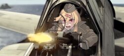  aircraft airplane blonde_hair brown_hat brown_jacket browning_m1919 cockpit commentary_request female firing girls&#039;_frontline gun hair_ornament hairclip hat jacket light_machine_gun long_hair long_sleeves m1919a4_(girls&#039;_frontline) midway_(movie) muzzle_flash ocean open_clothes open_jacket open_mouth parody red_eyes solo tab_(tabkun) weapon world_war_ii 