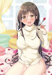  beige_sweater blurry blurry_background blush breasts brown_eyes brown_hair curtains female food fork fruit highres holding indoors long_hair long_sleeves looking_at_viewer macaron medium_breasts mori_airi no_pants open_mouth original panties parted_bangs pink_ribbon ribbed_sweater ribbon sitting smile solo strawberry sweater turtleneck turtleneck_sweater underwear very_long_hair wariza white_panties window 