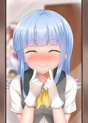  blue_hair blurry commentary_request depth_of_field dress_shirt female gloves grey_vest hatsukaze_(kancolle) index_fingers_raised kantai_collection looking_at_mirror looking_at_viewer mirror neckerchief piyobomu reflection shirt smile solo upper_body vest white_gloves white_hair white_shirt yellow_neckerchief yukikaze_(kancolle) 