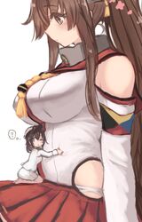  2girls black_hair bloated breasts brown_eyes brown_hair collar commentary detached_sleeves female_admiral_(kancolle) giant giantess hug kantai_collection kneeling large_breasts long_hair looking_at_another medium_hair metal_collar multiple_girls one_eye_closed pleated_skirt ponytail red_skirt shirt sidelocks simple_background size_difference skirt utopia very_long_hair white_background white_headwear white_shirt white_skirt yamato_(kancolle) 