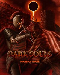  1990s_(style) 1boy 1other absurdres ambiguous_gender armor axe battle battle_axe berserk blood brand_of_sacrifice breastplate cape castle chosen_undead copyright_name cover dark_souls_(series) dark_souls_i darksign_(dark_souls) eclipse english_commentary fake_cover full_armor gauntlets glowing glowing_eyes helmet highres in_the_face knight pauldrons plume red_cape red_eyes red_theme retro_artstyle shoulder_armor solar_eclipse ultimate_ink_trash undead video_game_cover weapon 