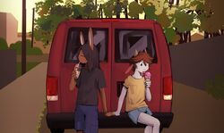  anthro beverage black_clothing black_hair black_shirt black_topwear blue_bottomwear blue_clothing blue_eyes blue_shorts bottomwear bovid brown_body brown_fur brown_hair caprine car clothed clothing dessert detailed_background drinking duo food fur goat hair hand_holding hi_res horn ice_cream ice_cream_cone janis_(twang) lagomorph leporid licking_ice_cream long_ears male male_anthro mammal medium_truck milo_(twang) outside plant rabbit red_car shirt shorts sitting street tongue tongue_out topwear touching_hand tree truck_(vehicle) twang van vehicle white_body white_fur yellow_clothing yellow_shirt yellow_topwear 