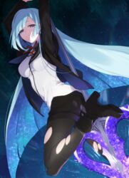  arms_up asymmetrical_bangs black_footwear boots breasts brynhildr_(fate) commentary_request fate/empire_of_dirt fate/prototype fate/prototype:_fragments_of_blue_and_silver fate_(series) female grey_hair high_heels highres kan&#039;yu_(citron_82) long_hair looking_at_viewer medium_breasts pantyhose pantyhose_under_shorts purple_eyes school_uniform shorts solo torn_clothes torn_pantyhose very_long_hair 