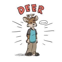  1:1 anthro antlers barefoot black_clothing black_nose black_shirt black_topwear blue_clothing blue_shirt blue_topwear brown_body brown_fur clothing darwin_(tinydeerguy) deer dialog_box dialogue english_text feet fur grey_text hi_res hooves horn khaki_pants male mammal red_text shadow shirt simple_background smile solo tan_body tan_fur text tinydeerguy topwear white_background 