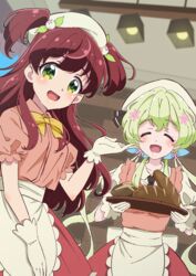  2girls :d ^_^ absurdres aikatsu! aikatsu!_(series) aikatsu_friends! aikatsu_on_parade! aikatsu_stars! alternate_costume apron bad_id bad_pixiv_id beret black_necktie blue_bow blurry blurry_background bow bowtie bread brown_hair closed_eyes commentary_request dutch_angle enmaided flower food frilled_apron frilled_gloves frilled_sleeves frills from_below futaba_aria gloves green_eyes green_hair hair_flower hair_ornament hairbow hand_up harukaze_wakaba hat highres holding holding_tray indoors kaoryu-kun leaf long_hair long_skirt low_twintails maid maid_apron multiple_girls multiple_hair_bows necktie open_mouth pink_shirt puffy_short_sleeves puffy_sleeves red_skirt shirt short_sleeves skirt smile tray twintails two_side_up waist_apron waitress white_apron white_gloves white_headwear window yellow_bow yellow_bowtie 