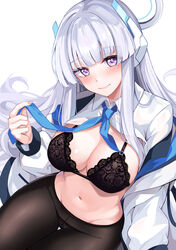  blue_archive blue_necktie blush bra breasts cleavage commentary_request female grey_hair halo highres jacket konka lace-trimmed_bra lace-trimmed_panties lace_trim large_breasts long_hair long_sleeves looking_at_viewer mechanical_halo navel necktie noa_(blue_archive) panties panties_under_pantyhose pantyhose purple_eyes shirt sidelocks smile solo thigh_gap underwear very_long_hair white_background white_hair white_jacket 