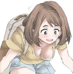  :d accidental_pervert backpack bag bent_over boku_no_hero_academia bra breasts brown_hair casual cleavage denim denim_shorts downblouse elf_(stroll_in_the_woods) female light_blush medium_breasts open_mouth shirt short_eyebrows short_hair shorts simple_background smile solo teeth thick_eyebrows underwear upper_teeth_only uraraka_ochako white_background yellow_shirt 