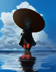  black_coat black_footwear black_thighhighs blue_sky blush brown_eyes brown_hair chiyoda_(kancolle) closed_mouth cloud coat commentary day female holding kantai_collection looking_at_viewer medium_hair neve_(morris-minicooper) ocean oil-paper_umbrella outdoors raincoat red_umbrella reflection reflective_water scenery signature sky smile solo thighhighs umbrella 