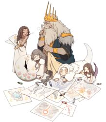  1boy 4girls aged_down beard bonfire_(dark_souls) brown_hair child&#039;s_drawing company_captain_yorshka cracked_egg crayon crown crystal_lizard dark_souls_(series) dark_souls_i dark_souls_iii dark_sun_gwyndolin darksign_(dark_souls) donar0217 dragon_girl dragon_tail facial_hair father_and_daughter filianore_(dark_souls) grey_hair gwyn_lord_of_sunlight lolicon long_hair multiple_girls papers priscilla_the_crossbreed queen_of_sunlight_gwynevere sleeping tail white_hair 