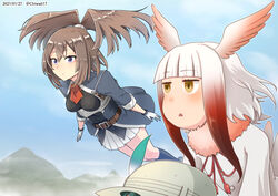  3girls ascot belt belt_buckle black_hair black_socks blunt_bangs breasts brown_belt brown_hair buckle buttons chiwa_(chiwa0617) closed_mouth commentary crossover dated feathers flower flying gloves grey_eyes hair_between_eyes hair_wings head_wings helmet highres jacket japanese_crested_ibis_(kemono_friends) kaban_(kemono_friends) kantai_collection kemono_friends kneehighs long_hair long_sleeves medium_breasts multiple_girls open_mouth outdoors pith_helmet pleated_skirt red_ascot red_flower red_rose rose sheffield_(kancolle) sidelocks skirt socks twitter_username white_gloves white_hair white_jacket white_skirt wings yellow_eyes 