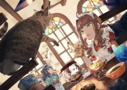  2girls :3 ahoge animal animal_ears apple apple_rabbit apron aqua_eyes arch bad_id bad_pixiv_id bag banana banana_slice black_cat bow bowl braid cafe calico can cat_cafe ceiling_light champagne_coupe cherry climbing coffee_maker crumbs cup dessert drinking_glass dutch_angle fake_animal_ears feline food food_art food_on_face fruit hairbow half_updo highres holding holding_bowl holding_tray hurricane_glass indoors japanese_clothes kimono kiwi_(fruit) kiwi_slice lamp long_hair long_sleeves looking_at_another looking_to_the_side looking_up maid_apron maid_headdress mirin_mosa mouth_hold multiple_girls oerba_yun_fang open_mouth original paper_bag pet_bowl pet_food pink_nails pudding reaching red_apple red_bow red_kimono sandwich slit_pupils stained_glass stairs striped_clothes striped_kimono table tasuki tray twin_braids twintails waist_apron waitress walking whipped_cream white_apron white_cat window yellow_eyes 