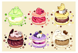  artist_name bear beige_background bird blueberry border chai_(drawingchisanne) chocolate commentary_request cream food food_focus fruit hat highres macaron melon no_humans original penguin raspberry scarf simple_background sitting_on_food sweets_bird undersized_animal 