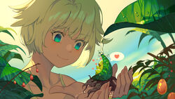  =_= backlighting bad_id bad_pixiv_id bare_shoulders blurry blush bug chinese_commentary closed_mouth commentary_request creature cupping_hand day depth_of_field dew_drop fantasy female fingernails food fruit glowing glowing_eyes green_eyes hair_flaps highres in_palm leaf looking_at_another nature original photoshop_(medium) portrait short_hair sleeveless smile solo_focus wangxiii water water_drop white_hair 