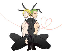  2boys abs alternate_costume animal_ears ass-to-ass back-to-back bare_pectorals blonde_hair cropped_jacket curly_eyebrows facial_hair frown full_body goatee green_hair high_heels latex latex_legwear locked_arms long_sideburns male_focus male_playboy_bunny meme_attire multiple_boys one_piece pantyhose pectorals rabbit_ears reverse_bunnysuit reverse_outfit roronoa_zoro sanji_(one_piece) short_hair shrug_(clothing) sideburns taro_(honyarara00) toned toned_male white_background 