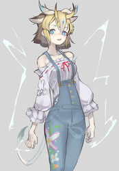  animal_ears bare_shoulders blonde_hair blue_eyes blue_overalls brown_hair casual cowboy_shot don3 extra_ears female floral_print frilled_shirt frills giraffe_ears giraffe_girl giraffe_horns giraffe_tail horns kemono_friends kemono_friends_3 long_sleeves multicolored_hair neck_ribbon off-shoulder_shirt off_shoulder official_alternate_costume overalls pinstripe_pattern pinstripe_shirt puffy_sleeves red_ribbon ribbon shirt short_hair sivatherium_(kemono_friends) sleeveless solo striped tail white_shirt 