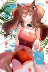  absurdres angelina_(arknights) angelina_(summer_flower)_(arknights) animal_ears arknights bare_shoulders brown_hair casual_one-piece_swimsuit chequita452 chinese_commentary commentary_request female fox_ears fox_girl fox_tail hair_intakes highres infection_monitor_(arknights) jewelry long_hair necklace official_alternate_costume one-piece_swimsuit parted_lips red_eyes solo swimsuit tail twintails 