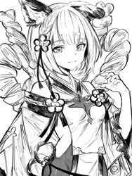  animal_ears bare_shoulders bodysuit braid closed_mouth detached_sleeves dog_ears erune female granblue_fantasy greyscale hand_up highres looking_at_viewer monochrome monogrbl rope shimenawa short_eyebrows short_hair smile solo thick_eyebrows upper_body vajra_(granblue_fantasy) 