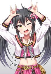  \m/ anger_vein animal_print arms_up belt belt_buckle black_hair blush breasts buckle cleavage collarbone commentary_request crop_top cropped_jacket cropped_shirt dated dot_nose double_\m/ female hair_between_eyes hair_ribbon heart heart_necklace highres idolmaster idolmaster_cinderella_girls idolmaster_cinderella_girls_starlight_stage jacket jewelry leopard_print long_hair long_sleeves looking_at_viewer love_live! love_live!_school_idol_project matoba_risa midriff navel necklace nico_nico_nii one_eye_closed open_clothes open_jacket open_mouth petite pink_shirt pink_skirt red_ribbon ribbon shirt signature simple_background skirt small_breasts smile solo stomach sweatdrop teeth twintails v-shaped_eyebrows white_background white_jacket yazawa_nico yellow_belt yellow_eyes yoohi zipper zipper_pull_tab 