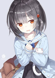  :&lt; =_= animal animal_hug bag black_hair black_skirt blue_jacket blue_sailor_collar blush brown_eyes capriccio closed_eyes closed_mouth commentary duplicate female granblue_fantasy grey_background hair_between_eyes hug jacket long_hair long_sleeves looking_at_viewer mouse_(animal) parted_lips photoshop_(medium) pixel-perfect_duplicate pleated_skirt sailor_collar shoulder_bag simple_background skirt sleeves_past_wrists solo vikala_(granblue_fantasy) 