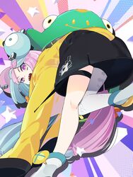  :d bad_id bad_twitter_id bellibolt black_shorts boots character_hair_ornament commentary_request female green_hair grey_pantyhose hair_ornament highres idkuroi iono_(pokemon) jacket kneepits leg_up long_hair looking_at_viewer looking_back low-tied_long_hair open_mouth pantyhose pokemon pokemon_sv purple_eyes purple_hair sharp_teeth shorts single_leg_pantyhose smile solo star_(symbol) star_in_eye symbol_in_eye teeth thigh_strap upper_teeth_only very_long_hair yellow_jacket 