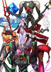  aircraft angel_(evangelion) assault_rifle ayanami_rei bident bodysuit breasts city combat_knife core creature cross cyclops eva_00 eva_01 evangelion_(mecha) female gun highres holding holding_gun holding_knife holding_polearm holding_weapon horns interface_headset kaijuu knife lance_of_longinus_(evangelion) lilith_(evangelion) mecha medium_breasts military_vehicle monster neon_genesis_evangelion nyuu_nyuu one-eyed pallet_rifle_(evangelion) pilot_suit plugsuit polearm prog_knife ramiel_(evangelion) rebuild_of_evangelion red_eyes rifle robot sachiel_(evangelion) science_fiction shamshel_(evangelion) short_hair single_horn spear thrusters un_heavy_fighter_jet_(evangelion) vtol weapon white_bodysuit yellow_eyes 