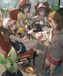  &gt;:) 4girls :&gt; aqua_eyes arms_on_table bag baseball_cap beanie beret black_hair black_shirt black_socks blue_eyes brown_eyes brown_hair cake cardigan chair chopsticks commentary cup denim denim_shorts double_bun food gloria_(pokemon) green_headwear grey_cardigan hair_bun hand_up handbag hat high_ponytail highres hilda_(pokemon) holding holding_jar ice_cream jar long_hair looking_at_viewer meat multiple_girls neg_(101neg) nose_bubble open_mouth pink_skirt plate pokemon pokemon_(creature) pokemon_bw pokemon_bw2 pokemon_sm pokemon_swsh ponytail red_headwear rosa_(pokemon) rowlet selene_(pokemon) shirt shoes short_hair short_sleeves shorts sidelocks sitting skirt sleeveless sleeveless_shirt smile snivy sobble socks standing swept_bangs table teacup tepig twintails unworn_bag v-shaped_eyebrows visor_cap wristband yellow_eyes yellow_shirt 