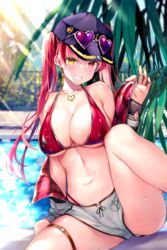  arrow_through_heart bikini blush breasts crotch dolphin_shorts earrings eyewear_on_headwear female grin hat heart heart-shaped_eyewear heart_earrings heart_necklace heterochromia highres hololive houshou_marine houshou_marine_(summer) jacket jewelry knee_up large_breasts long_hair navel necklace no_shirt o-ring o-ring_thigh_strap official_alternate_costume pool red_bikini red_eyes red_hair rei_(rei&#039;s_room) removing_jacket shorts sitting smile solo sunglasses sunlight swimsuit teeth thigh_strap thighs twintails virtual_youtuber water yellow_eyes 